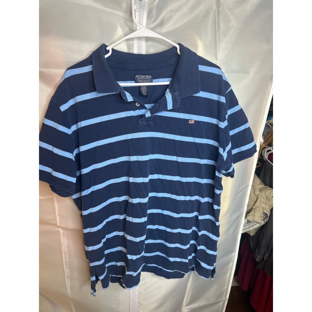 Polo Jeans Co Ralph Lauren Mens XXL Navy Striped Cotton Polo Shirt Flag Logo